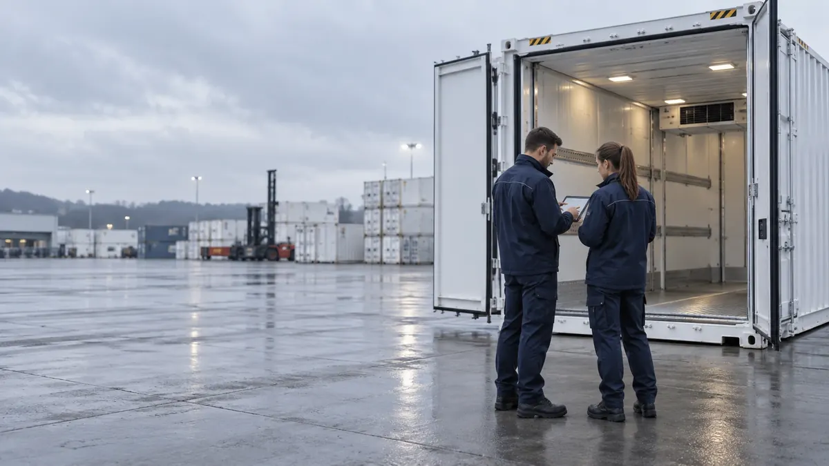 Zwei Personen in Arbeitskleidung prüfen auf einem Tablet einen geöffneten, beleuchteten Kühlcontainer auf einem Containerhof