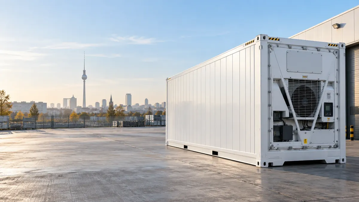 Weißer Kühlcontainer mit Kühlaggregat auf einem Betonhof, im Hintergrund die Berliner Skyline mit Fernsehturm