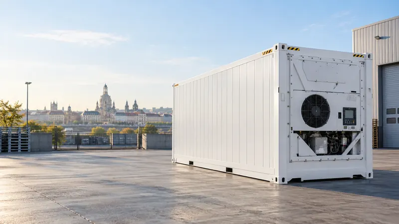 Weißer Kühlcontainer mit Kühlaggregat auf einem Betonhof, im Hintergrund die Dresdner Altstadt mit der Kuppel der Frauenkirche