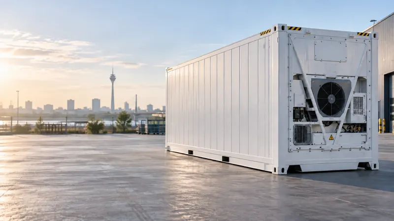 Weißer Kühlcontainer mit Kühlaggregat auf einem Betonhof, im Hintergrund die Düsseldorfer Skyline mit Rheinturm
