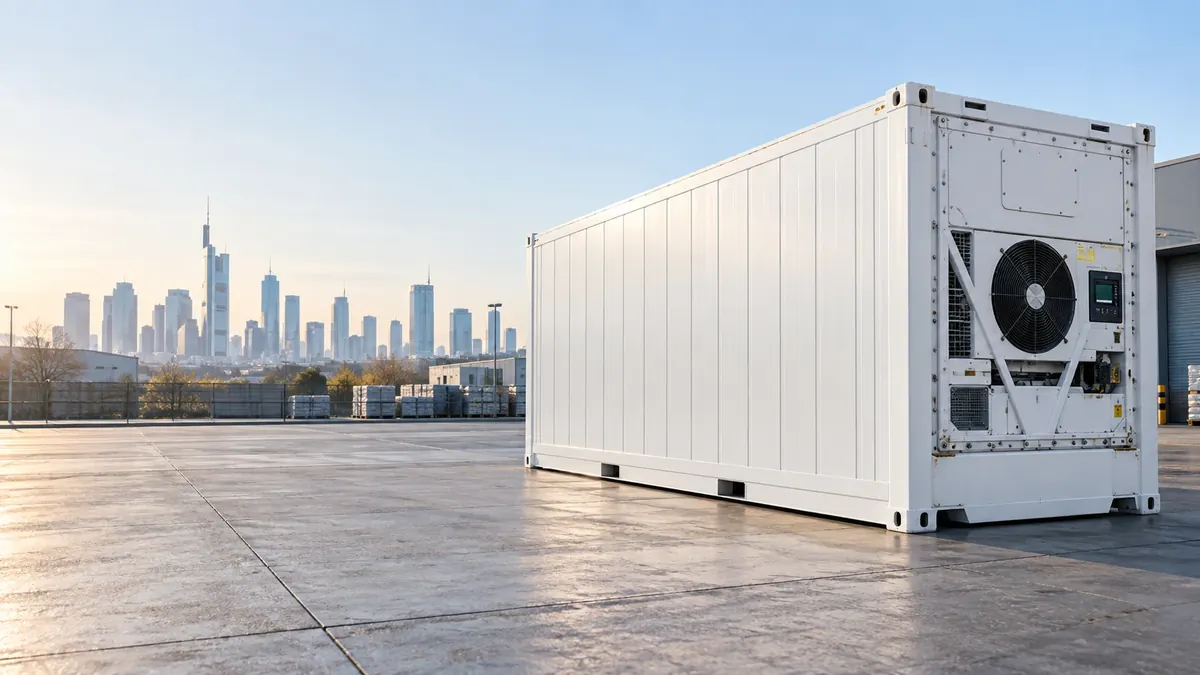 Weißer Kühlcontainer mit Kühlaggregat auf einem Betonhof, im Hintergrund die Frankfurter Bankenskyline