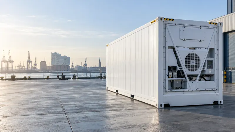 Weißer Kühlcontainer mit Kühlaggregat auf einem Betonhof, im Hintergrund der Hamburger Hafen mit Elbphilharmonie und Containerbrücken