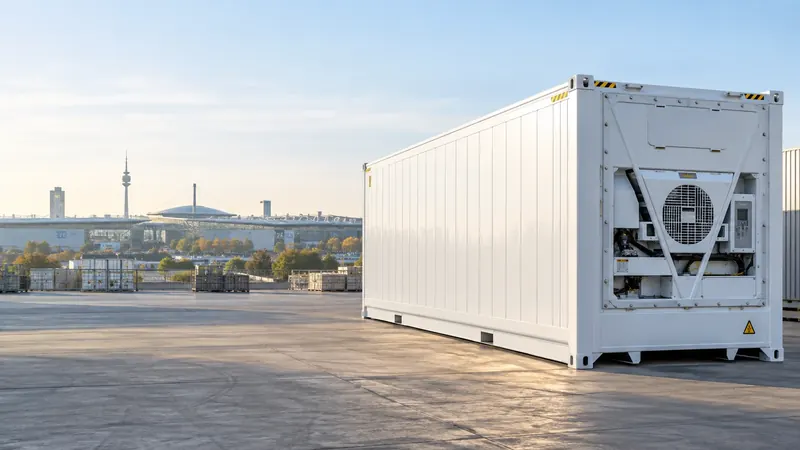 Weißer Kühlcontainer mit Kühlaggregat auf einem Betonhof, im Hintergrund die Silhouette von Hannover mit dem Fernmeldeturm