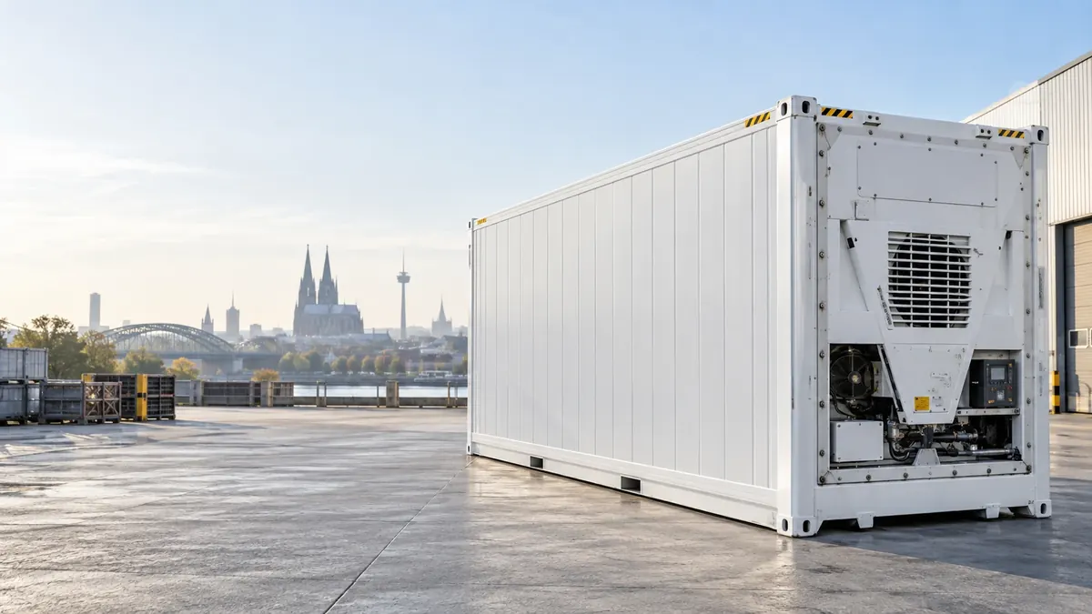 Weißer Kühlcontainer mit Kühlaggregat auf einem Betonhof, im Hintergrund der Kölner Dom und die Hohenzollernbrücke am Rhein