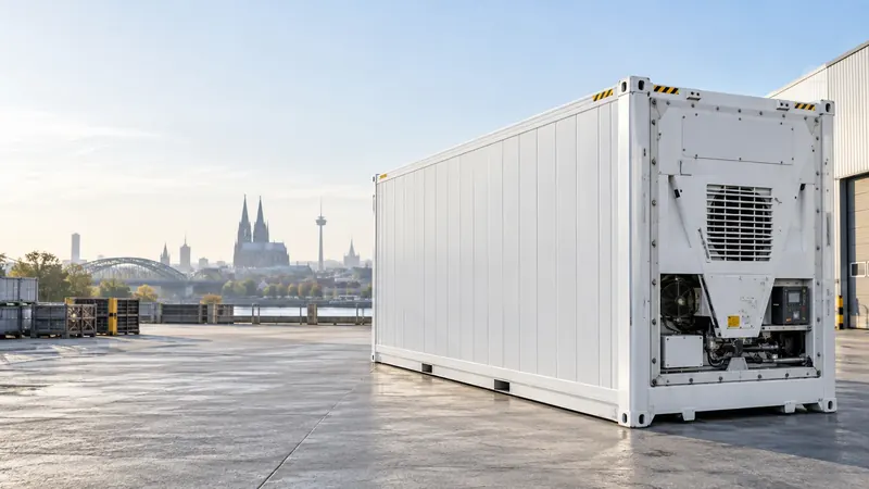 Weißer Kühlcontainer mit Kühlaggregat auf einem Betonhof, im Hintergrund der Kölner Dom und die Hohenzollernbrücke am Rhein