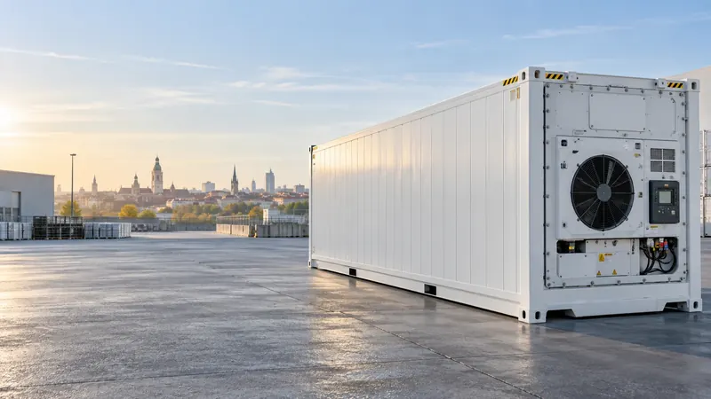 Weißer Kühlcontainer mit Kühlaggregat auf einem Betonhof, im Hintergrund die Türme der Leipziger Innenstadt