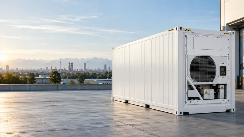 Weißer Kühlcontainer mit Kühlaggregat auf einem Betonhof, im Hintergrund die Münchner Silhouette mit Frauenkirche und Olympiaturm vor den Alpen