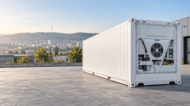 Weißer Kühlcontainer mit Kühlaggregat auf einem Betonhof, im Hintergrund die bebauten Stuttgarter Hänge mit dem Fernsehturm