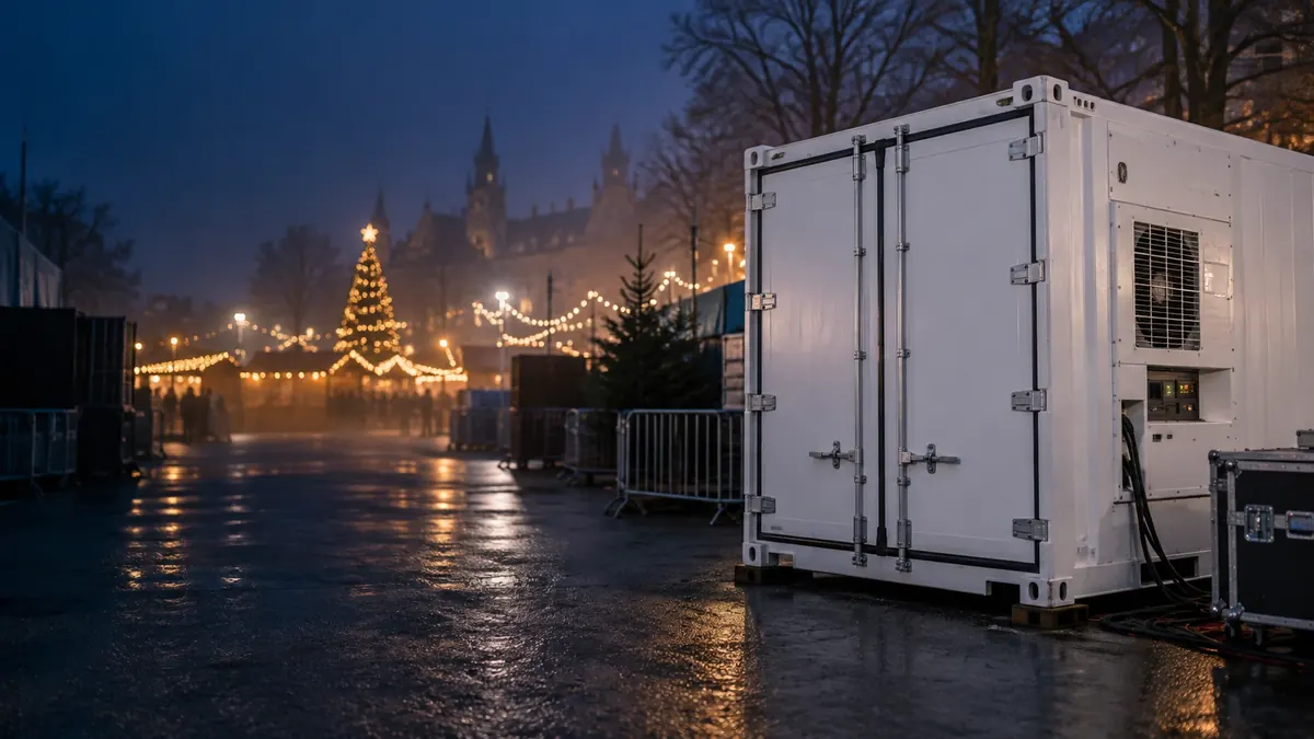 Weißer Kühlcontainer mit Kühlaggregat am Rand eines abendlich beleuchteten Weihnachtsmarkts, daneben Absperrgitter und ein Transportkoffer