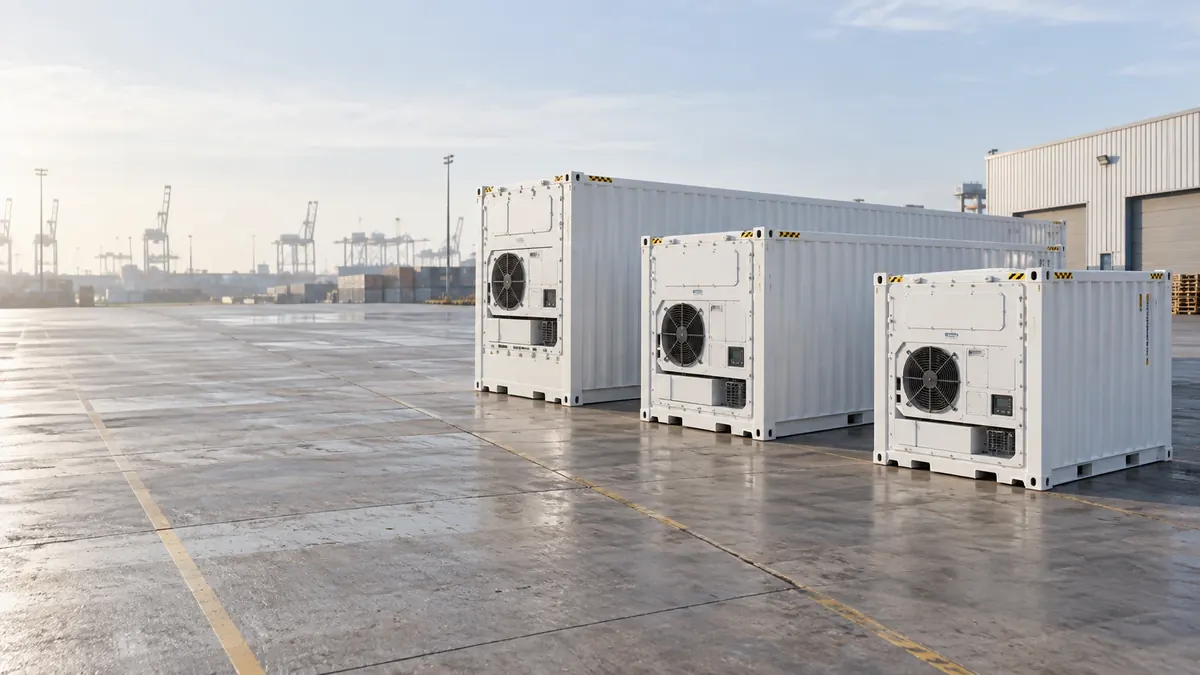 Drei weiße Kühlcontainer in unterschiedlichen Längen nebeneinander auf einem Hafengelände, im Hintergrund Containerkräne