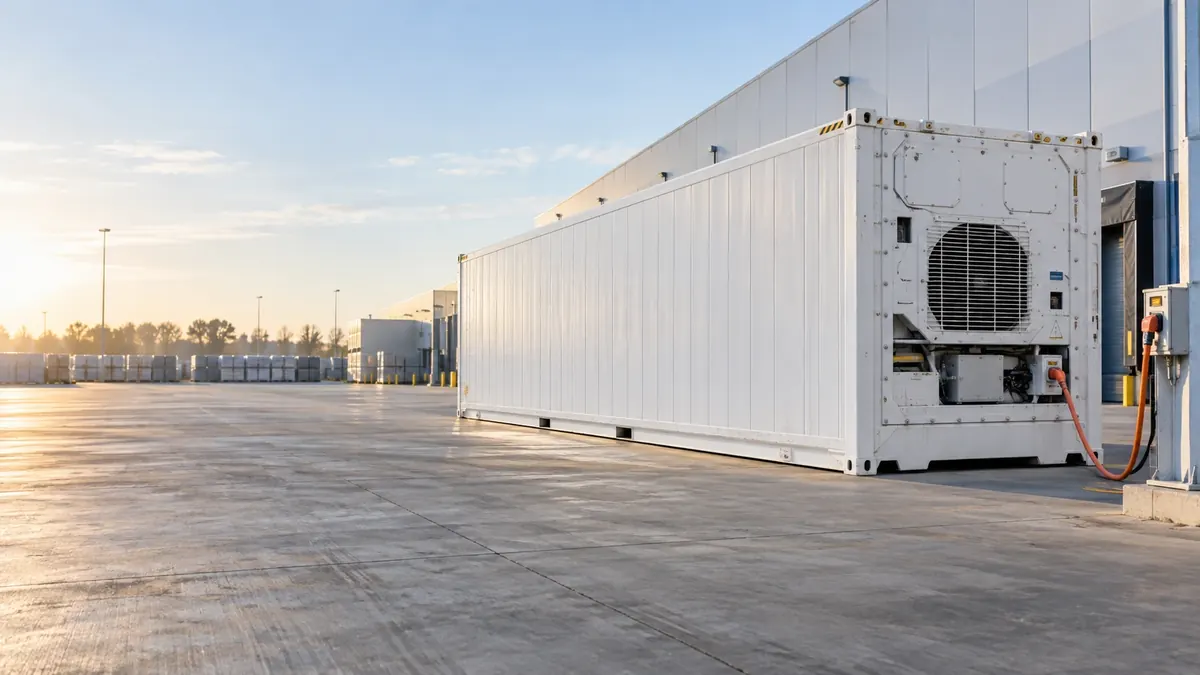 Langer weißer Kühlcontainer mit Kühlaggregat vor einer Logistikhalle im Morgenlicht, ein orangefarbenes Starkstromkabel führt zu einem Anschlusskasten