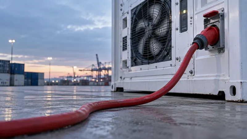 Rotes Starkstromkabel mit CEE-Stecker am Kühlaggregat eines weißen Containers, im Hintergrund ein Containerhafen in der Abenddämmerung