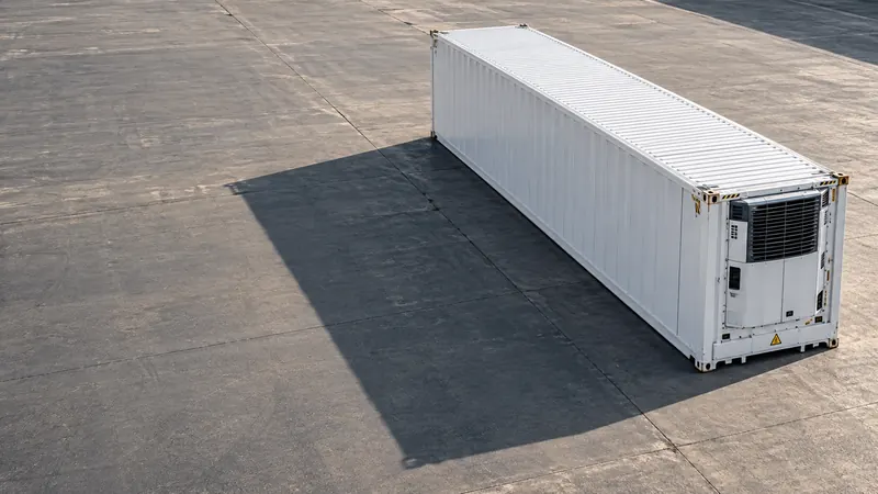 Weißer 40-Fuß-Kühlcontainer mit Kühlaggregat auf einer leeren Betonfläche, von schräg oben gesehen, mit langem Schatten