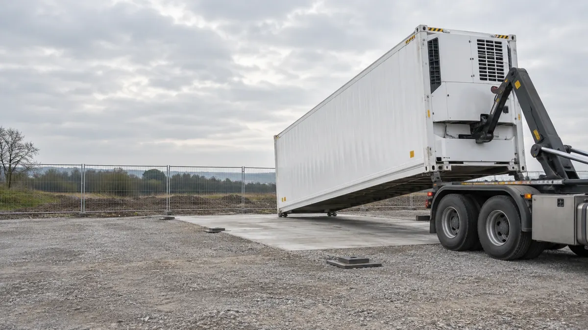 Lkw mit Hakenarm setzt einen weißen Kühlcontainer auf einer vorbereiteten Betonfläche mit Unterlegplatten ab, dahinter ein Bauzaun