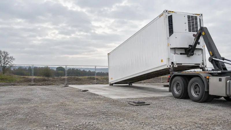 Lkw mit Hakenarm setzt einen weißen Kühlcontainer auf einer vorbereiteten Betonfläche mit Unterlegplatten ab, dahinter ein Bauzaun