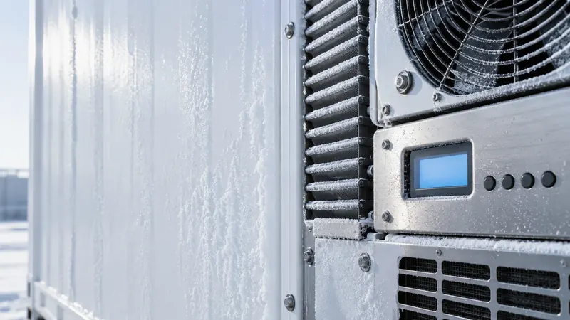 Nahaufnahme eines Kühlaggregats mit blau leuchtender Anzeige am Bedienfeld, Lüftergitter und Containerwand von Raureif überzogen