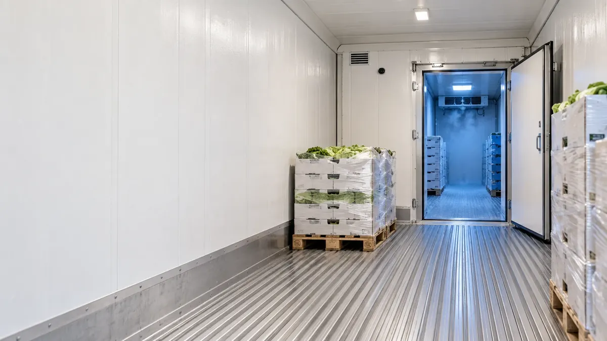 Blick in einen geteilten Kühlcontainer: vorn die hell beleuchtete Kühlzone mit einer Palette Salat, dahinter durch eine offene, gedämmte Tür in der Trennwand die blau beleuchtete Tiefkühlzone mit Kältenebel